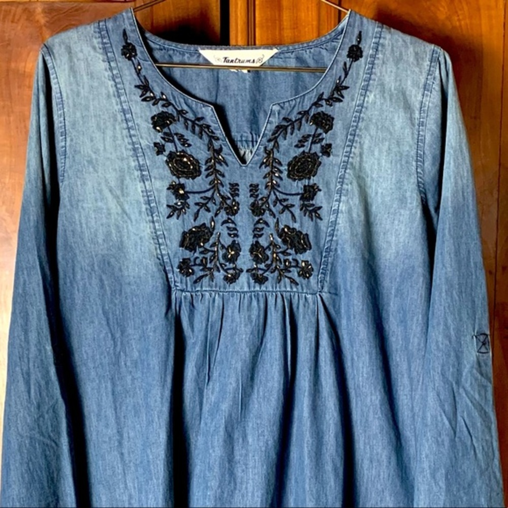 🌺Denim Embroidered Beaded Tantrums Midi Dress Sz L - Picture 2 of 15